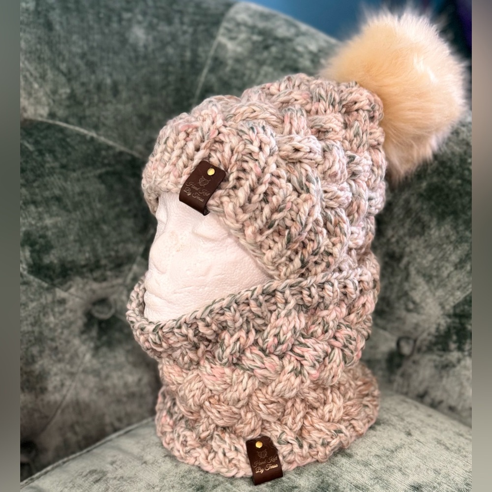 Handmade Hand Crafted Cable Knit Hat and Cowl set Adult Teen size color seashell